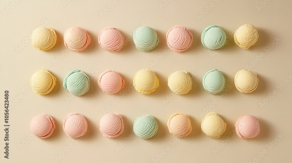 Bright, pastel-colored ice cream scoops displayed in a grid on a simple beige canvas, offering a minimalist dessert aesthetic. Bright, pastel-colored ice cream scoops displayed in a grid on a simple beige canvas, offering a minimalist dessert aesthetic.