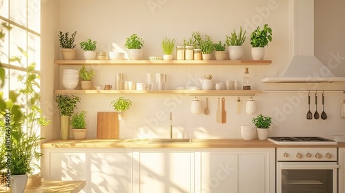 Bright anime kitchen with open shelves, potted plants, and sunlight illuminating the room. Simple, stylish, and inviting.