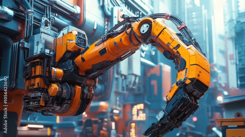 A robotic arm, with an orange and gray paint job, reaches out in a futuristic factory. A robotic arm, with an orange and gray paint job, reaches out in a futuristic factory.