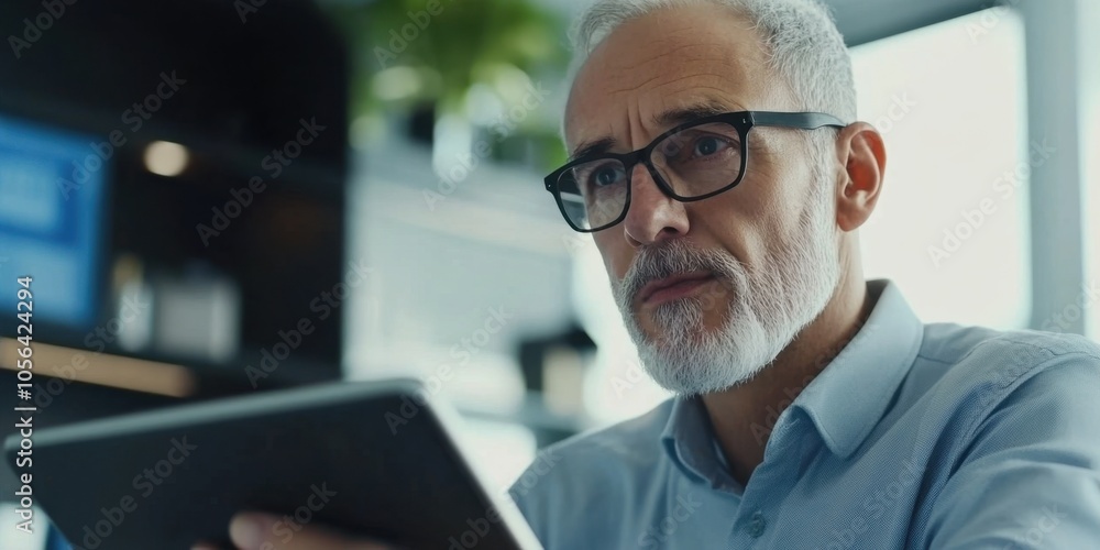 Businessman Reviewing Document on Tablet Businessman Reviewing Document on Tablet