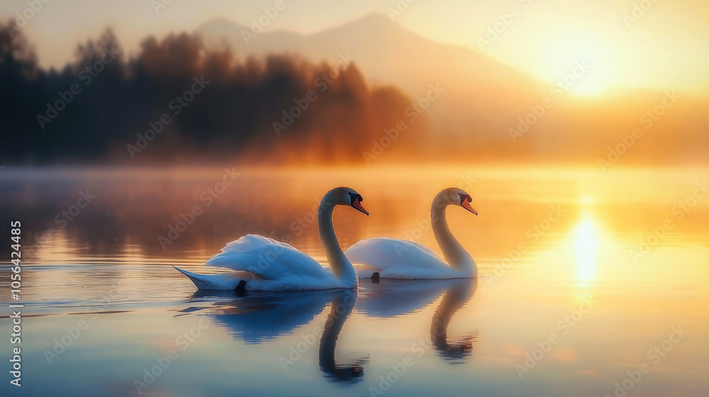 Fototapeta premium beautiful white swan in heart shape on lake in flare light