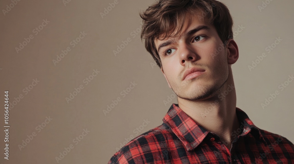 Contemporary Young Adult Male in Red and Black Plaid Shirt Contemporary Young Adult Male in Red and Black Plaid Shirt