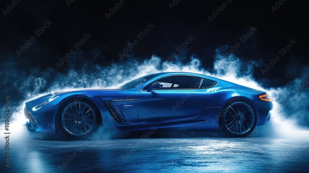 Centered blue sports car with dramatic smoke and spotlight effects against a dark background, conveying luxury and speed. Centered blue sports car with dramatic smoke and spotlight effects against a dark background, conveying luxury and speed.