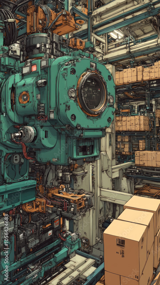 A machine with a green casing and a large black eye. Boxes are stacked in the background A machine with a green casing and a large black eye. Boxes are stacked in the background