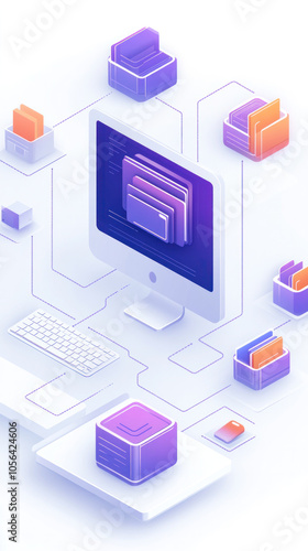 Wallpaper Mural A computer monitor with a purple screen showing a network of files. The computer is surrounded by many other computers and devices, all connected to it. Concept of a complex and interconnected system Torontodigital.ca
