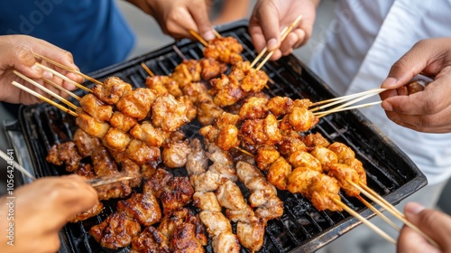 A selection of delicious meat skewers sizzle enticingly on a charcoal barbecue grill. The scene captures the essence of outdoor cooking and social gatherings. photo