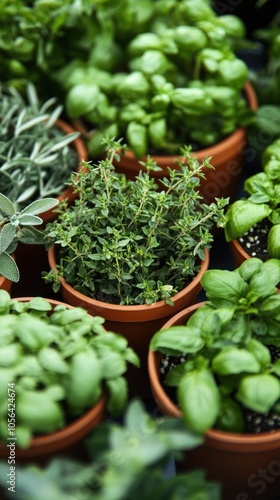 A collection of vibrant green herbs in terracotta pots, showcasing various plant varieties.