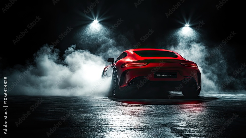 Centered red sports car on black, with smoke and spotlights creating a vibrant contrast, ideal for high-end automotive ads. Centered red sports car on black, with smoke and spotlights creating a vibrant contrast, ideal for high-end automotive ads.