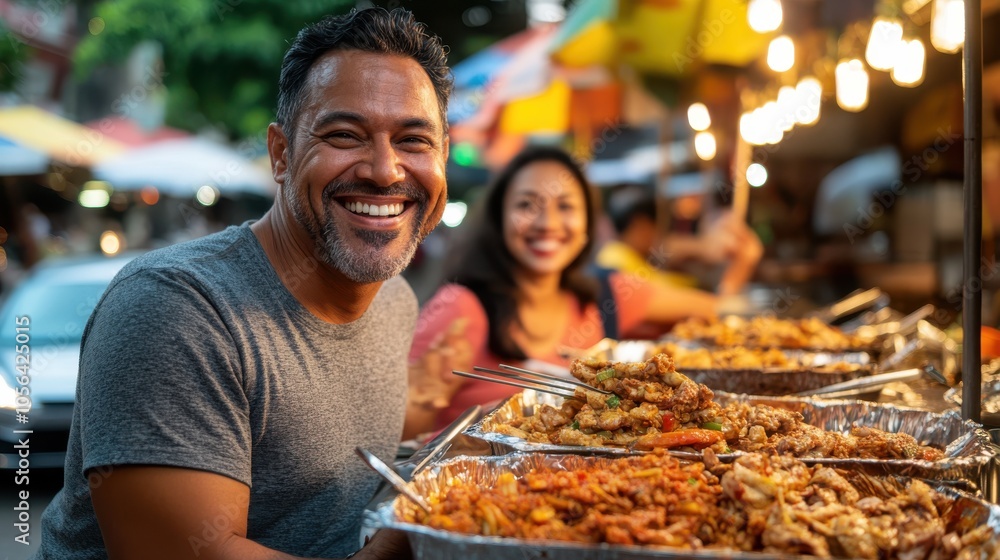 A cheerful couple enjoys a variety of street food at a bustling market stall, capturing the joyful, lively atmosphere and culinary exploration in a vibrant setting. A cheerful couple enjoys a variety of street food at a bustling market stall, capturing the joyful, lively atmosphere and culinary exploration in a vibrant setting.