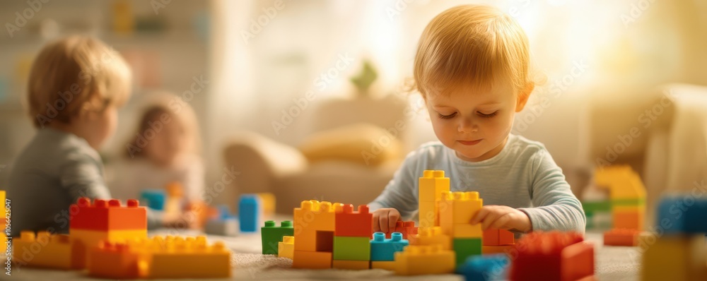 Fototapeta premium A young child plays with colorful building blocks, fostering creativity and development in a bright, inviting room.