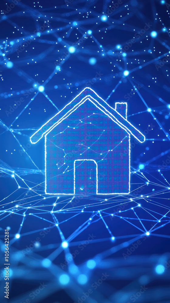 A house is shown in a blue background with a lot of lines. The house is small and has a blue roof A house is shown in a blue background with a lot of lines. The house is small and has a blue roof