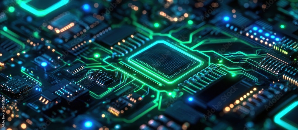 Close-up of a circuit board with a glowing green central processing unit. Close-up of a circuit board with a glowing green central processing unit.
