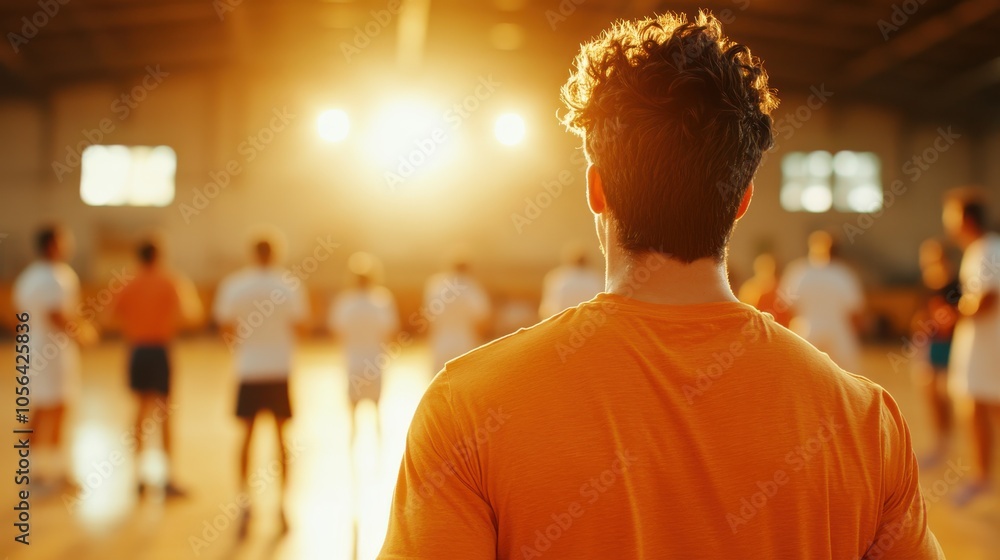 A man in an orange shirt observes a group of athletes during a practice session in a sunlit indoor sports facility, evoking themes of focus and athleticism.
