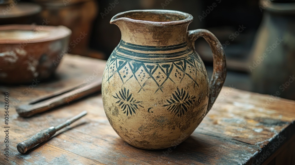A close-up view of a traditional clay jug with geometric designs, resting on a wooden table. A close-up view of a traditional clay jug with geometric designs, resting on a wooden table.