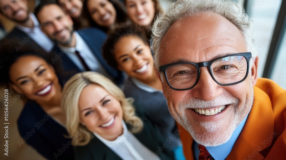 A diverse group of adults, led by a smiling older man, pose joyfully for a selfie, symbolizing happiness, unity, and positive connections in a modern workplace. A diverse group of adults, led by a smiling older man, pose joyfully for a selfie, symbolizing happiness, unity, and positive connections in a modern workplace.