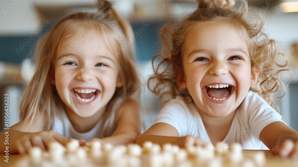 Two children are laughing joyfully in this lively and heartwarming scene, capturing a moment of carefree playtime filled with happiness and innocence. Two children are laughing joyfully in this lively and heartwarming scene, capturing a moment of carefree playtime filled with happiness and innocence.