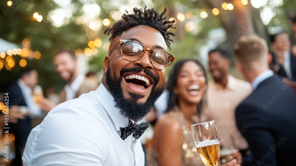 A bearded man in glasses and a bow tie is joyfully holding a glass of champagne, surrounded by people celebrating in an outdoor party ambiance with lights. A bearded man in glasses and a bow tie is joyfully holding a glass of champagne, surrounded by people celebrating in an outdoor party ambiance with lights.