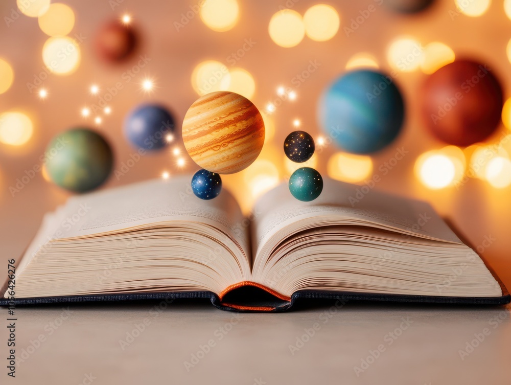 An open book with colorful planets floating above, symbolizing knowledge and the universe's wonders in a dreamy setting. An open book with colorful planets floating above, symbolizing knowledge and the universe's wonders in a dreamy setting.