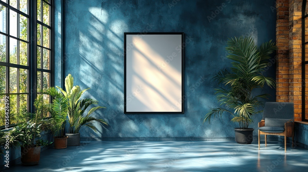 4K mockup of a blank poster hanging on a soft blue wall in a minimalist gallery. 4K mockup of a blank poster hanging on a soft blue wall in a minimalist gallery.
