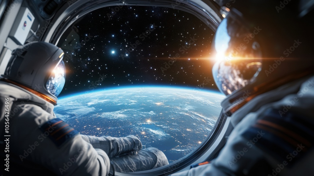 Astronauts observe the breathtaking view of Earth from a space capsule, surrounded by a vast array of stars and cosmic beauty. Astronauts observe the breathtaking view of Earth from a space capsule, surrounded by a vast array of stars and cosmic beauty.