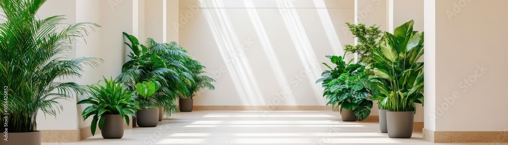 Bright and airy indoor hallway adorned with lush green plants, enhancing the tranquil atmosphere with natural light. Bright and airy indoor hallway adorned with lush green plants, enhancing the tranquil atmosphere with natural light.