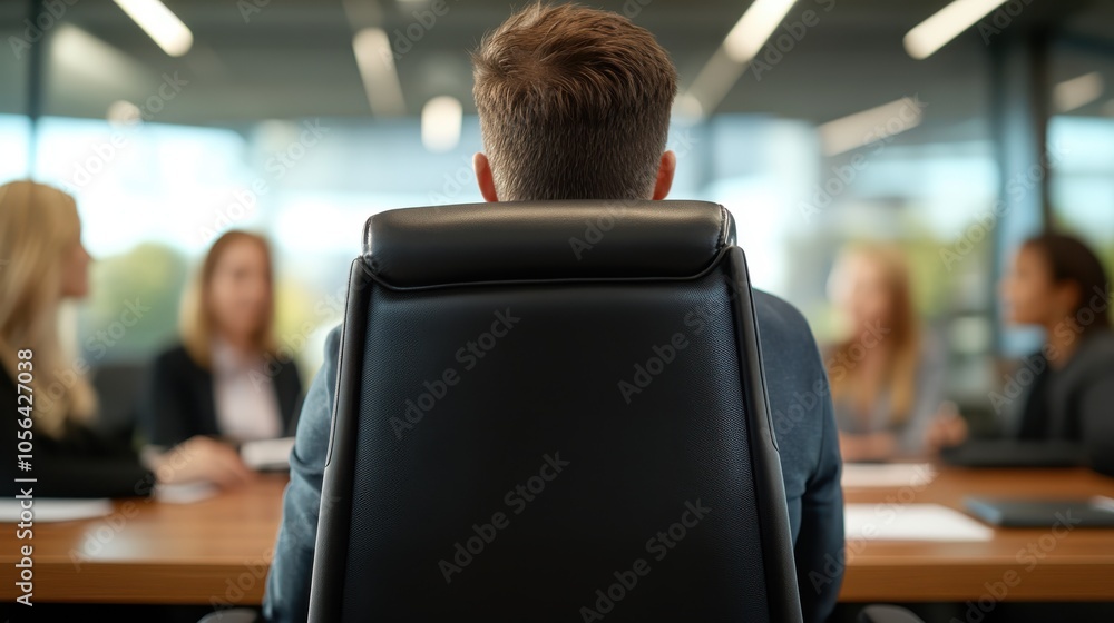 A businessman is seen from behind, seated in a large leather chair at a conference table, suggesting leadership, focus, and executive authority in a corporate setting.
