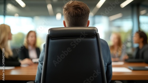 A businessman is seen from behind, seated in a large leather chair at a conference table, suggesting leadership, focus, and executive authority in a corporate setting.