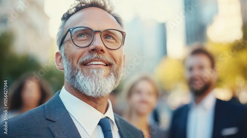 A businessman in a suit, wearing glasses, smiles confidently while standing amid an urban crowd, enjoying a sunny day in the bustling cityscape background.