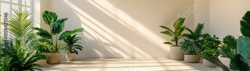 Bright indoor space featuring potted plants, showcasing nature's beauty with soft sunlight and minimalistic design.