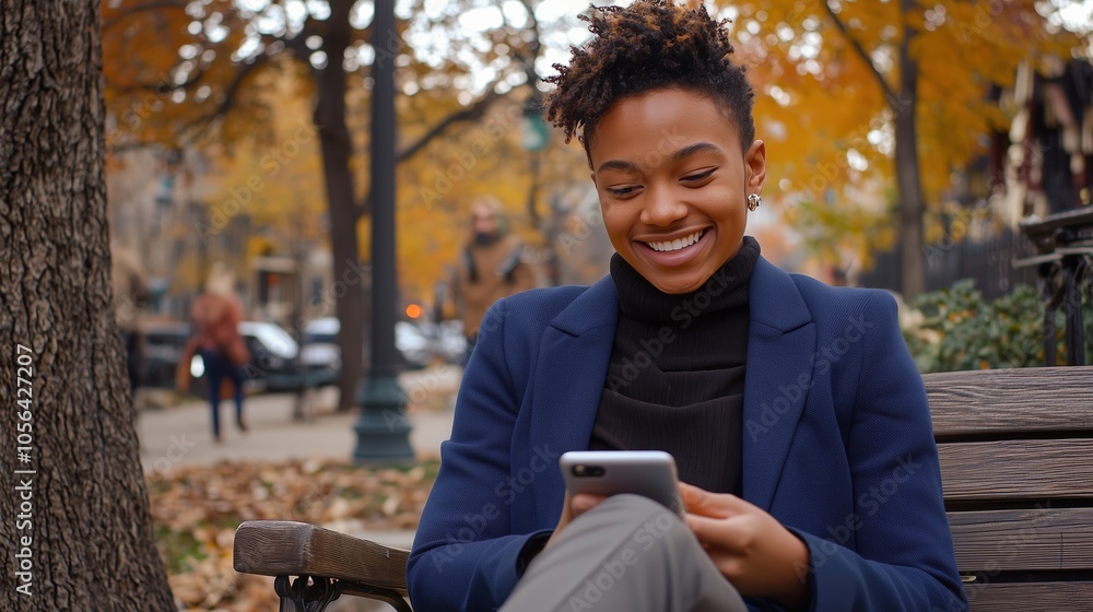 Fototapeta premium Smiling young woman using smartphone on a park bench, concept of digital connection and autumn tranquility