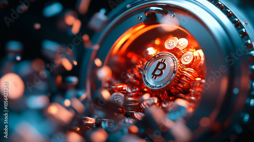 Glowing bitcoin in a vault photo