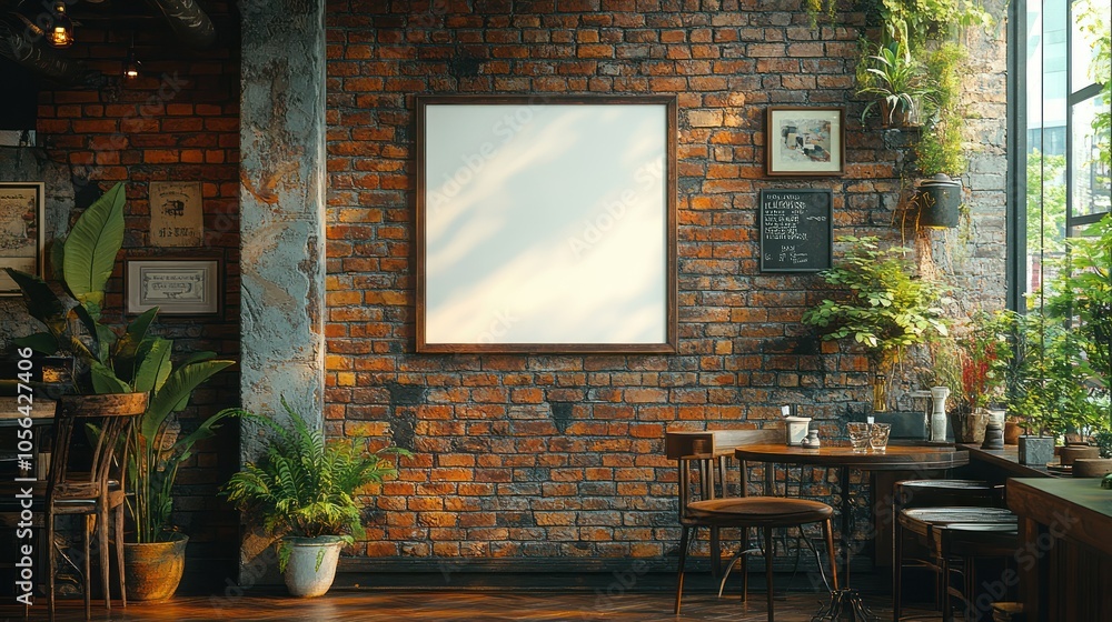 4K mockup of a blank poster hanging on a vintage-style brick wall in a rustic cafe. 4K mockup of a blank poster hanging on a vintage-style brick wall in a rustic cafe.