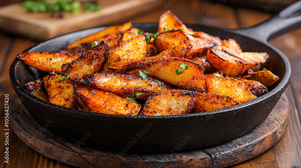 Delicious paprika-dusted fries served in a cast iron skillet a perfect crunchy snack experience Delicious paprika-dusted fries served in a cast iron skillet a perfect crunchy snack experience