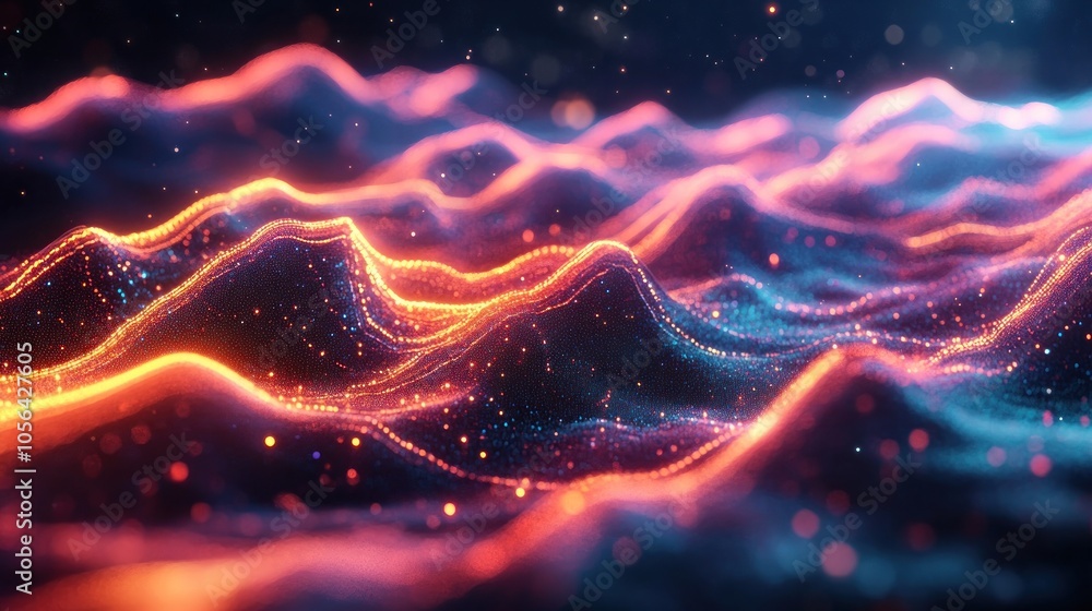 Abstract glowing waves of particles with red and orange lines flowing over a dark background. Abstract glowing waves of particles with red and orange lines flowing over a dark background.