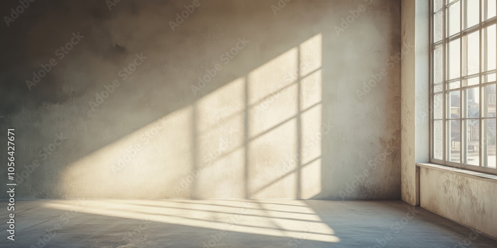 Obraz premium A spacious, empty room with large windows casting sunlight on concrete walls, creating a minimalist and serene atmosphere.