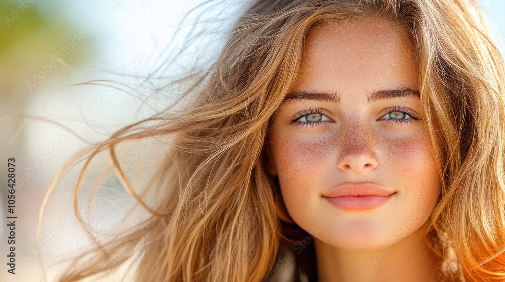 Fototapeta premium A young woman with freckles looks confidently at the camera, with sunlight highlighting her face. The gentle breeze plays with her hair against a blurred beach background.