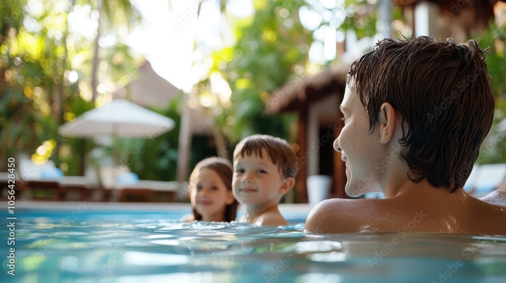 Three children are joyfully playing in a swimming pool, surrounded by lush, green jungle foliage, conveying happiness and carefree childhood moments in nature. Three children are joyfully playing in a swimming pool, surrounded by lush, green jungle foliage, conveying happiness and carefree childhood moments in nature.