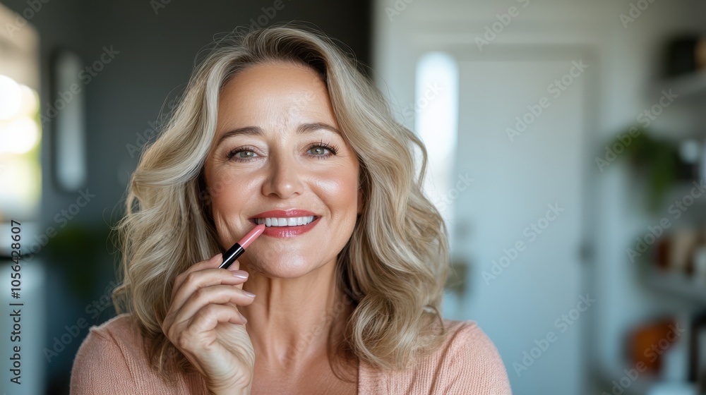A smiling woman with blonde hair applies lipstick in a warm and inviting home environment, highlighting beauty and self-care in a relaxed setting. A smiling woman with blonde hair applies lipstick in a warm and inviting home environment, highlighting beauty and self-care in a relaxed setting.