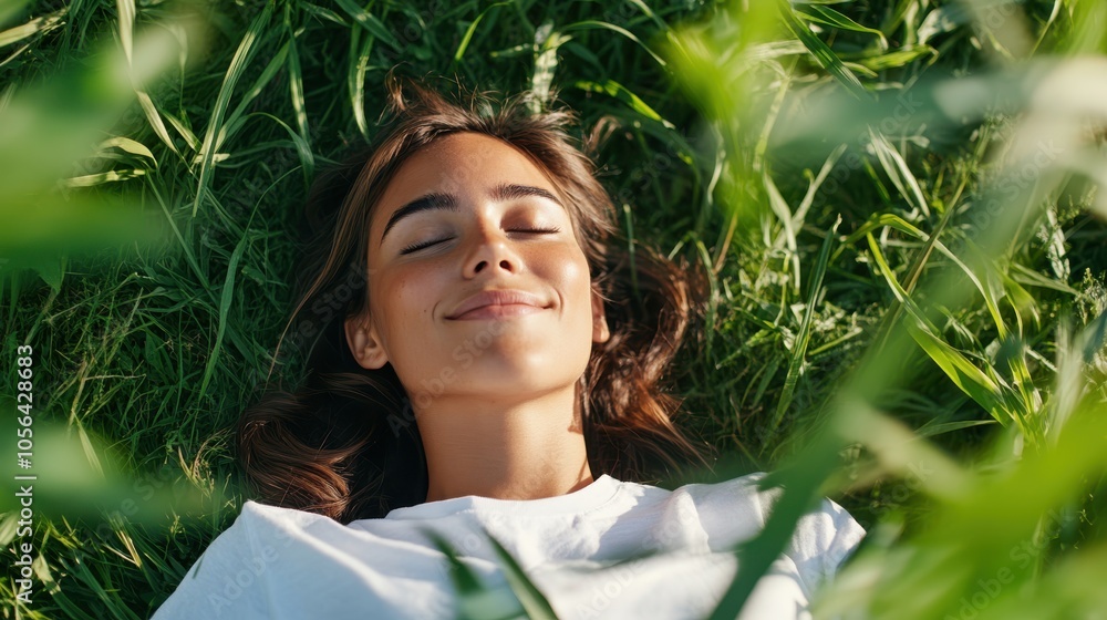 A relaxed woman with dark hair, wearing a white shirt, is lying on vibrant green grass surrounded by natural beauty, enjoying a peaceful moment outdoors. A relaxed woman with dark hair, wearing a white shirt, is lying on vibrant green grass surrounded by natural beauty, enjoying a peaceful moment outdoors.