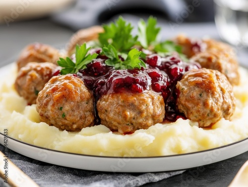 Delicious meatballs served on creamy mashed potatoes with savory sauce and fresh garnish, perfect for hearty meals.