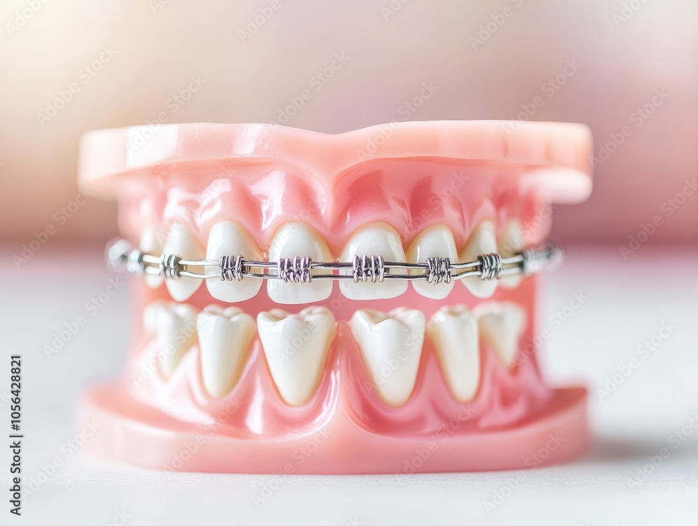 Obraz premium Dental model showcasing braces on teeth for orthodontic education and awareness in dentistry practice.