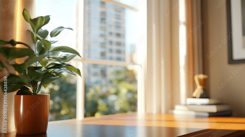 A cozy indoor setting with a view of a vibrant cityscape through a large window, featuring a potted plant and books, emphasizing relaxation and modern life. A cozy indoor setting with a view of a vibrant cityscape through a large window, featuring a potted plant and books, emphasizing relaxation and modern life.