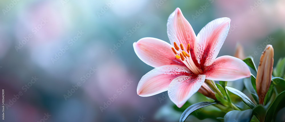 Fototapeta premium Elegant pink lily blooming in soft focus against a dreamy background