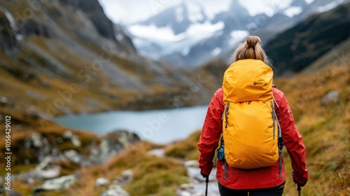 A woman backpacks through a scenic mountain trail, approaching a serene alpine lake, embodying the bliss of exploration and connection with nature's majesty. photo