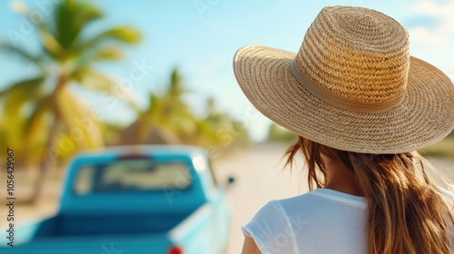 A woman in a straw hat stands on a tropical roadside, with a blue pickup truck parked nearby, basking in the warmth of the sun and the vibrant surroundings. photo