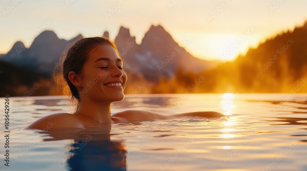 A woman smiles while swimming in a pool during sunset, with beautiful mountains in the background, embodying joy and the beauty of nature. A woman smiles while swimming in a pool during sunset, with beautiful mountains in the background, embodying joy and the beauty of nature.