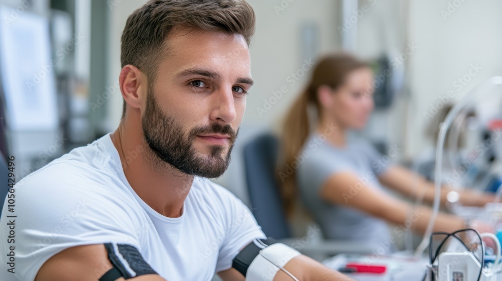 A focused man participates in medical research, his arms equipped with electrodes, illustrating progress and innovation in a technologically-advanced lab setting. A focused man participates in medical research, his arms equipped with electrodes, illustrating progress and innovation in a technologically-advanced lab setting.