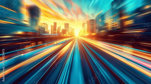 Urban Traffic at Sunset with High-Speed Train and Motion Blur Skyscrapers