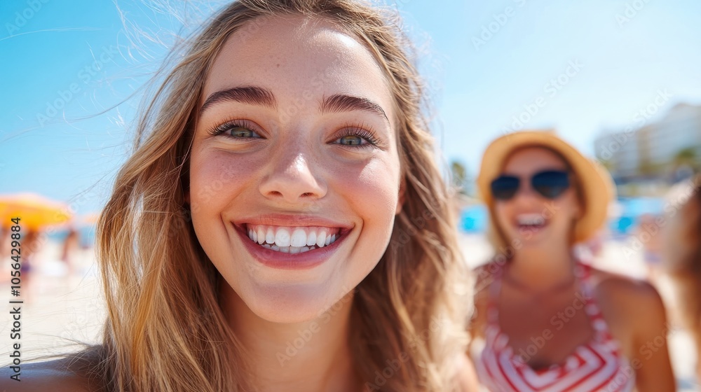 A young woman is seen smiling brightly at a beach, accompanied by friends, embodying the spirit of joy and camaraderie in a sunny coastal environment. A young woman is seen smiling brightly at a beach, accompanied by friends, embodying the spirit of joy and camaraderie in a sunny coastal environment.