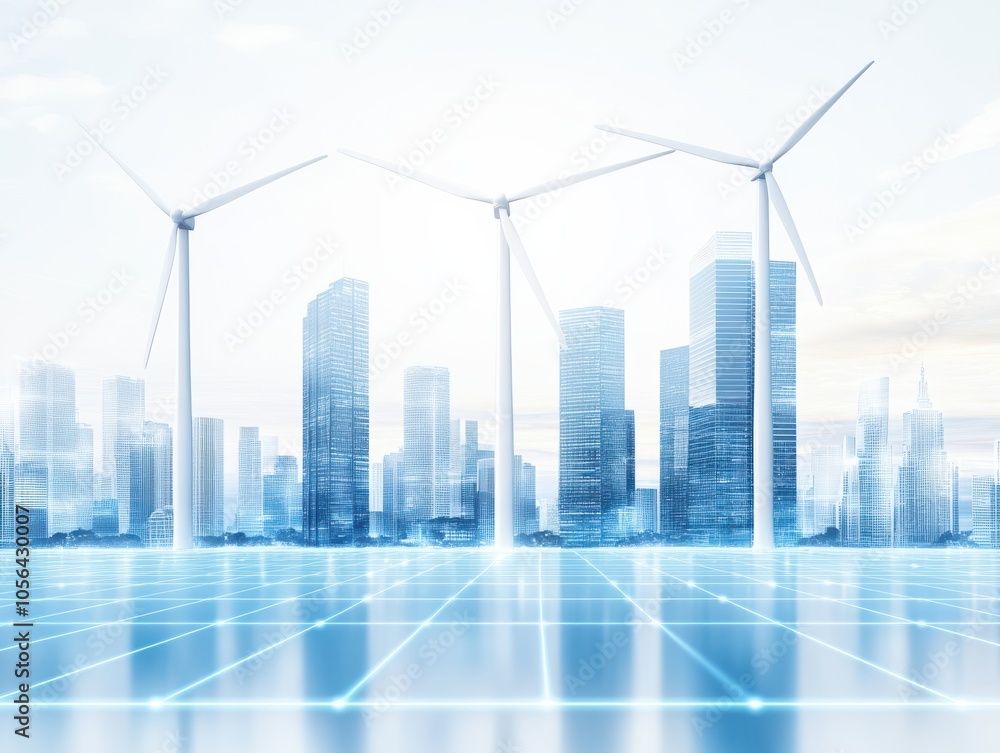 Futuristic cityscape with wind turbines and modern skyscrapers reflecting renewable energy and sustainable architecture. Futuristic cityscape with wind turbines and modern skyscrapers reflecting renewable energy and sustainable architecture.